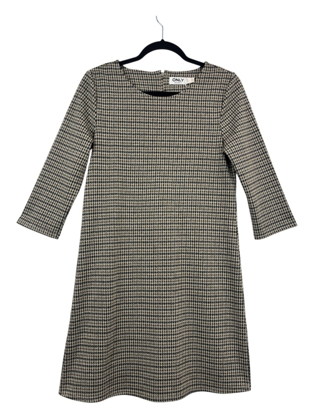 ONLY Houndstooth Shift Dress Neutral Brown Black Long Sleeve Minimalist Size S